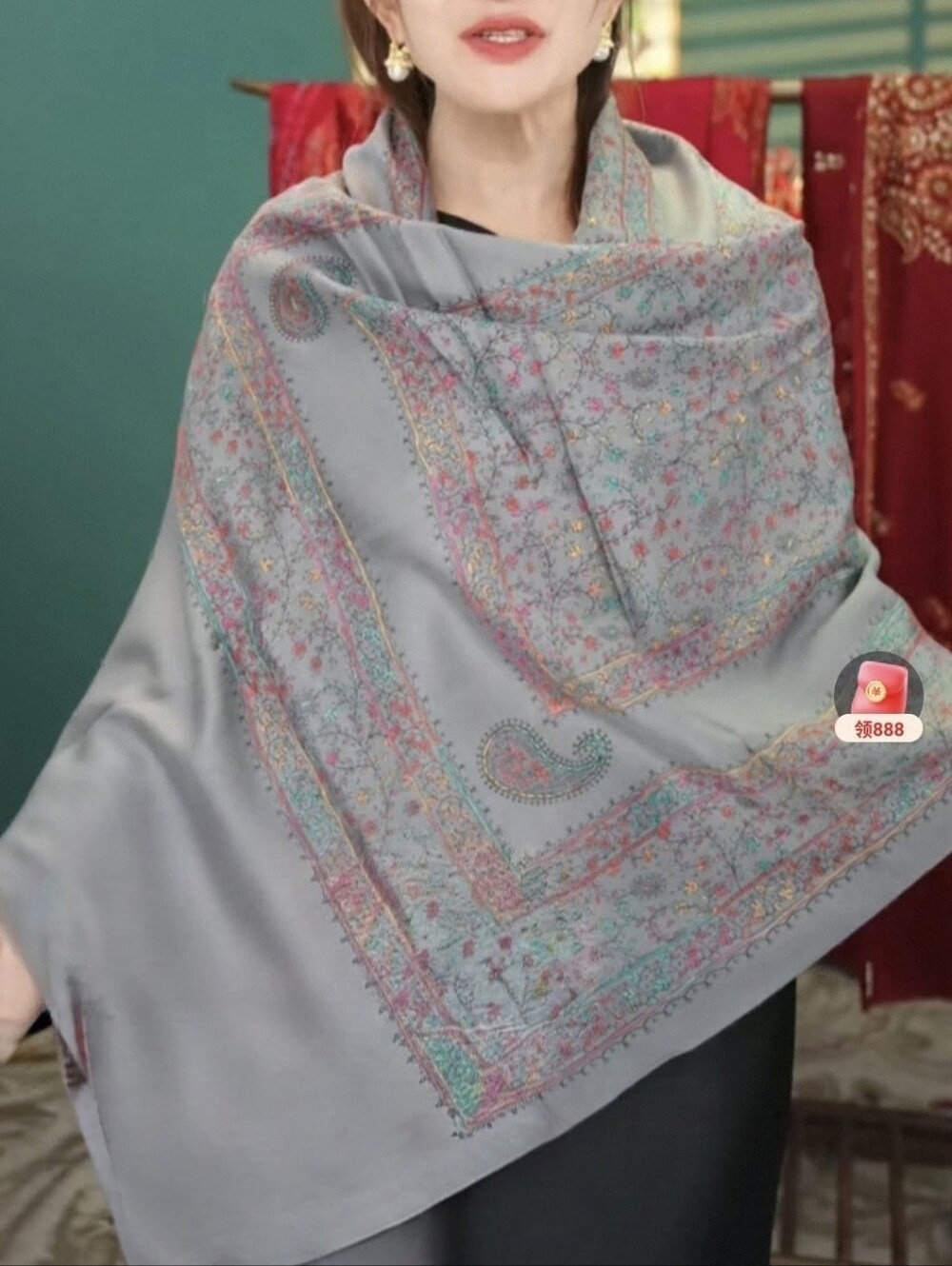 NWOT Women Hand Embroidered 100% Cashmere Shawl Wrap Scarf, Gray 1